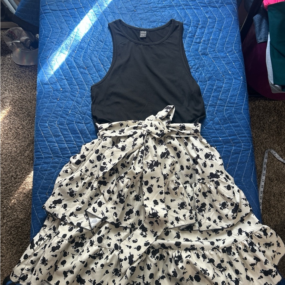 SHEIN Black Tank with Ivory Floral Tiered Skirt Dress